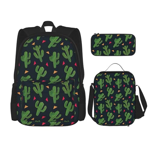 WURTON Kaktus-Kunstdruck Schulrucksack 3 in 1 Büchertasche Set mit Lunchbox Federmäppchen Reise Laptop Daypacks