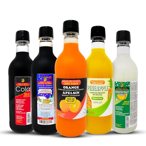 5er-Pack Aromhuset-Limonadenkonzentrat - Cola, Grapefruit-Tonic, Orangen, Julmust Yule Soda och Ananas