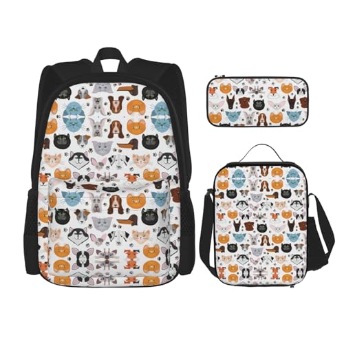 WURTON Rucksack mit Cartoon-Katzen- und Hunde-Druck, 3-in-1-Büchertaschen-Set, Lunchbox, Federmäppchen, Reise-Laptop-Tagesrucksäcke