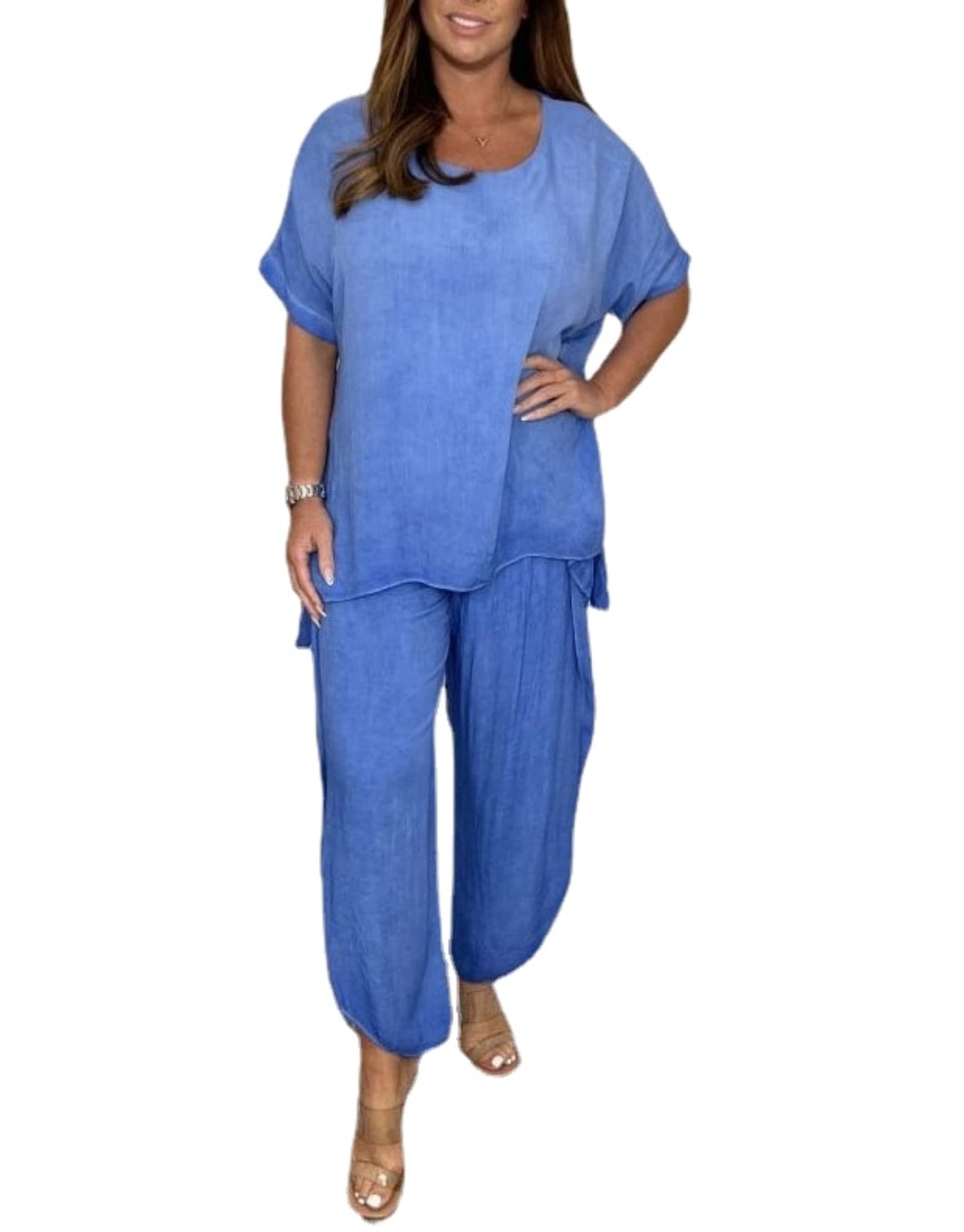 2-teiliger Hosenanzug mit Ärmeln für Frauen,Hosen mit lockeren,fließenden Ärmeln,Plus Size 5XL 2 Piece Solid Color Suit (Sky blue,4XL)