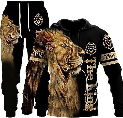 RIAAJ Herren Lion Tiger Colour Jogging Anzug Trainingsanzug Sportanzug Fitness Sporthose Hose Hoodie (A1,2XL)