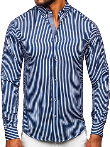 BOLF Herren Hemd Langarm Freizeithemd Langarmhemd Elegant Business Party Bügelleicht Farbwahl Classic Basic Slim Fit Casual Style 22730 Dunkelblau L [2B2]