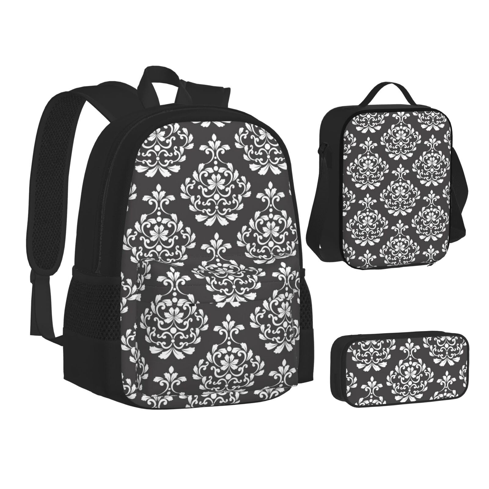 WURTON Damastmuster-Druck, Rucksack, Lunchbox-Set, 3-in-1-Büchertasche und Federmäppchen, passende Kombination, Schwarz, Einheitsgröße