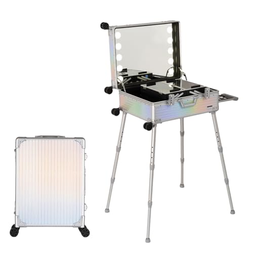 Aluminium-Trolley, Make-up-Zugkoffer mit LED-Licht, professioneller Kosmetik-Make-up-Organizer, Studio mit Ständer, rollendes, beleuchtetes Make-up (Dazzling Stripes 52x40x22.5cm)