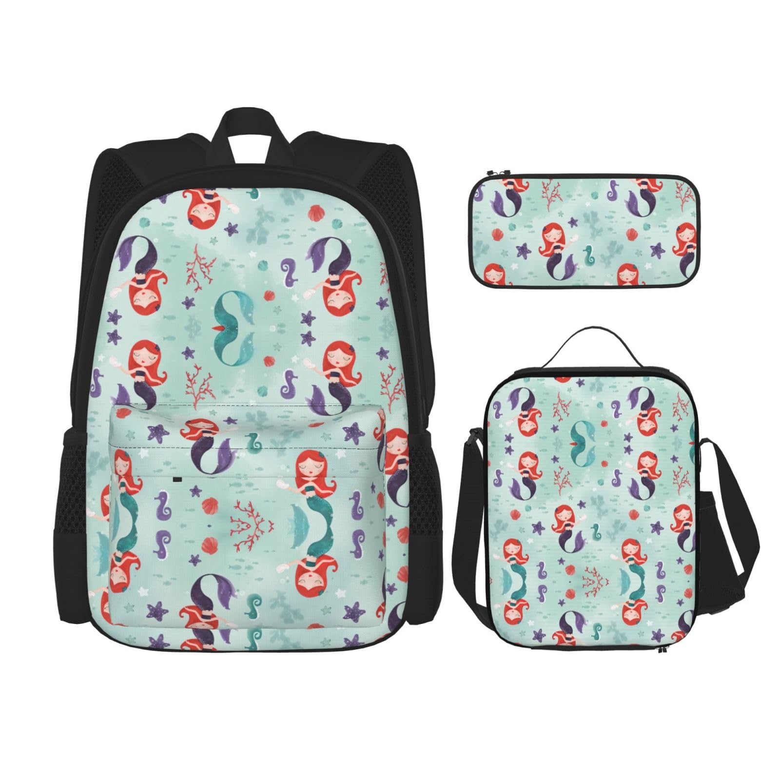 WURTON Schöne Meerjungfrau Druck Lunchbox Federmäppchen Rucksack Set 3 Stück Verstellbare Träger Langlebig Leicht Schwarz Einheitsgröße, Schwarz, One Size