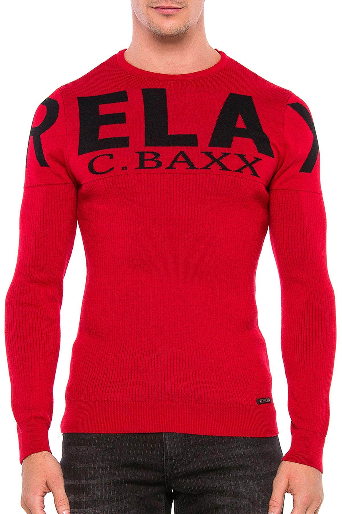 Cipo & Baxx Herren Rippenstrickpullover Strickmuster Logo Pullover Langarm Klassich Rundhalsausschnitt Sweater Sweatshirt Pulli Rot XL