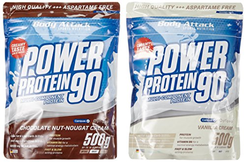 Body Attack Power Protein 90 Beutel 2er Mix Pack (2 x 500 g) Chocolate Nut- Nougat/Vanille, 1er Pack (1 x 1 kg)