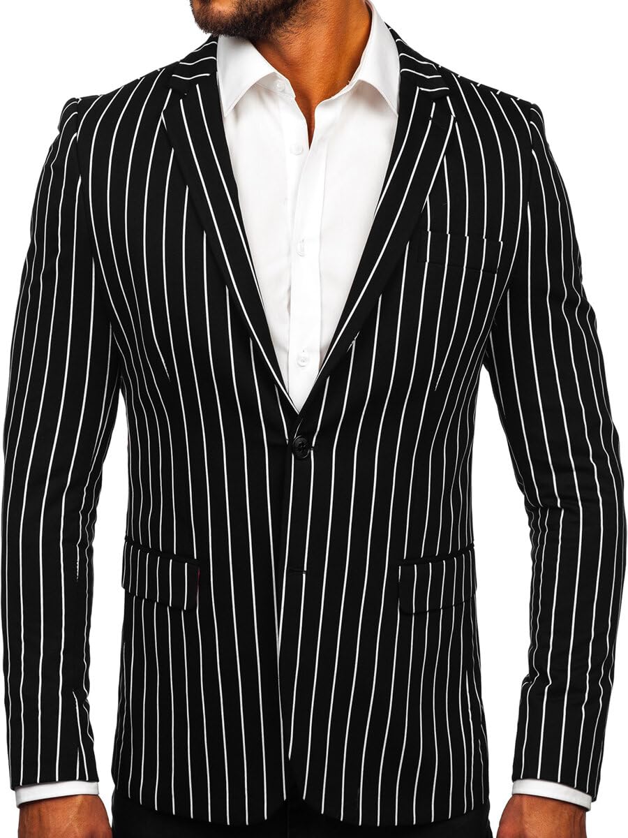 BOLF Herren Blazer Sakko Suitjacke Anzugjacke für Männer Business Reverskragen Knöpfe Anzug Freizeit Sportlich Modern Hochzeit Elegant Party Slim Fit 1652 Schwarz-Weiß L [1A1]