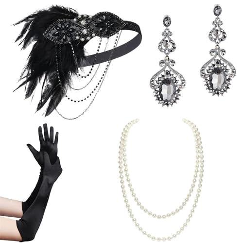 MEELYHOME Weibliches Flapper-Kostüm GatsbyParty Stirnband Halskette Ohrringe Handschuhe 1920er Jahre Vintage Cosplay Party Kostüm Zubehör Set Vintage Zubehör Set Mädchen Kostüm Zubehör Partyzubehör