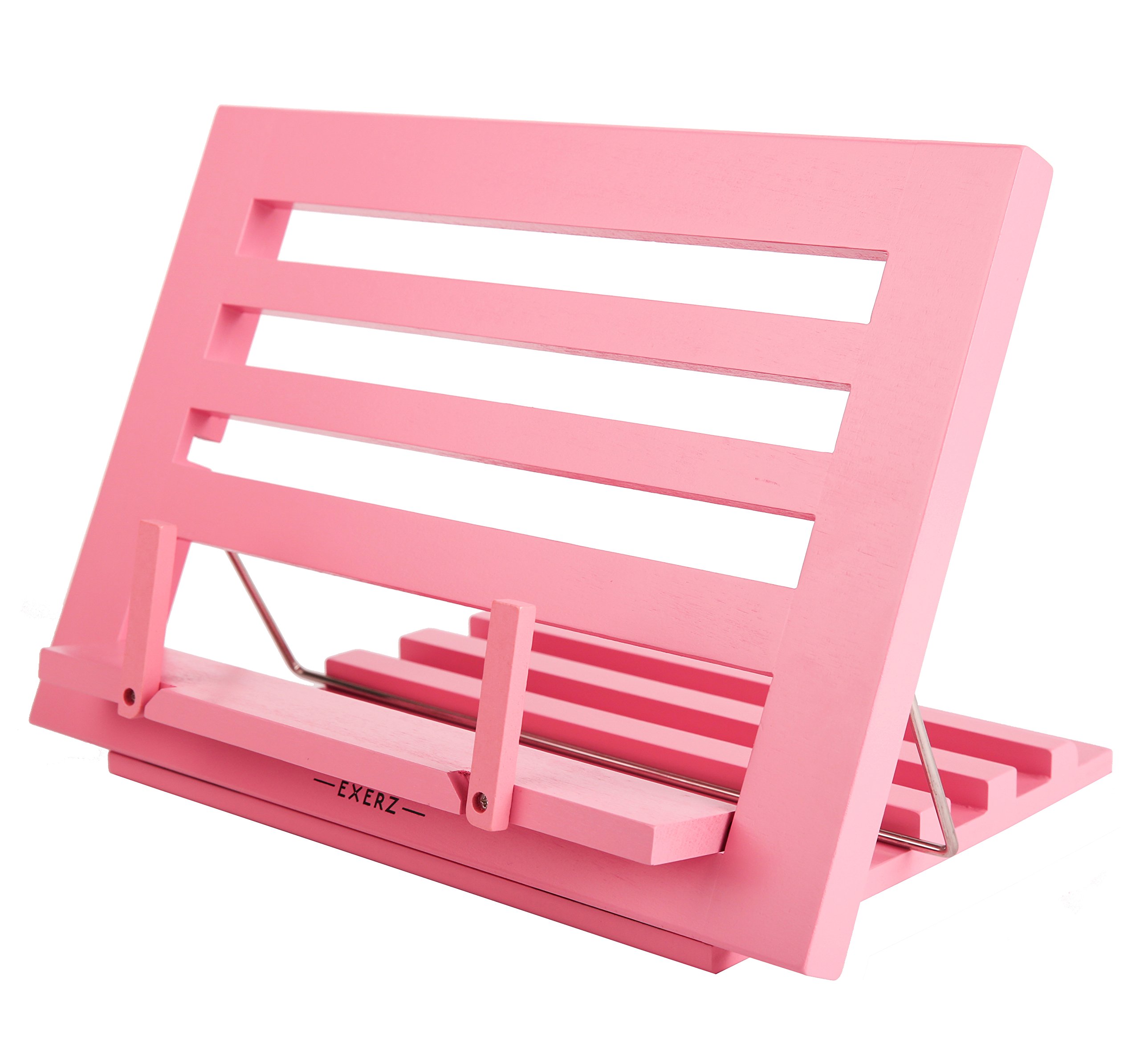 Exerz Kochbuchhalter aus Holz/Lese Kochbuchständer Koch Rezepthalter Buchstütze - Premium Qualität/Einstellbar/Ideal für Bücher, iPads und Tablets -34 x 24 x 2 cm (Rosa)