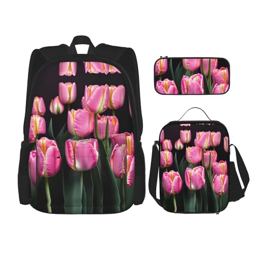 YQxwJL 3-in-1-Rucksack-Büchertaschen-Set, Motiv: rosa Pudel und Hunde, lässiger Reiserucksack, mit Federmäppchen, Lunchtasche, Rosa und Tulpenmuster, Einheitsgröße