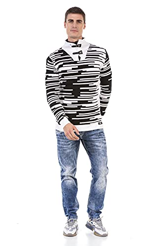 Cipo & Baxx Herren Pullover Strickpullover Sweater Langarm Doppelkragen Schlaufen Reißverschluss CP245 Weiß-Schwarz S