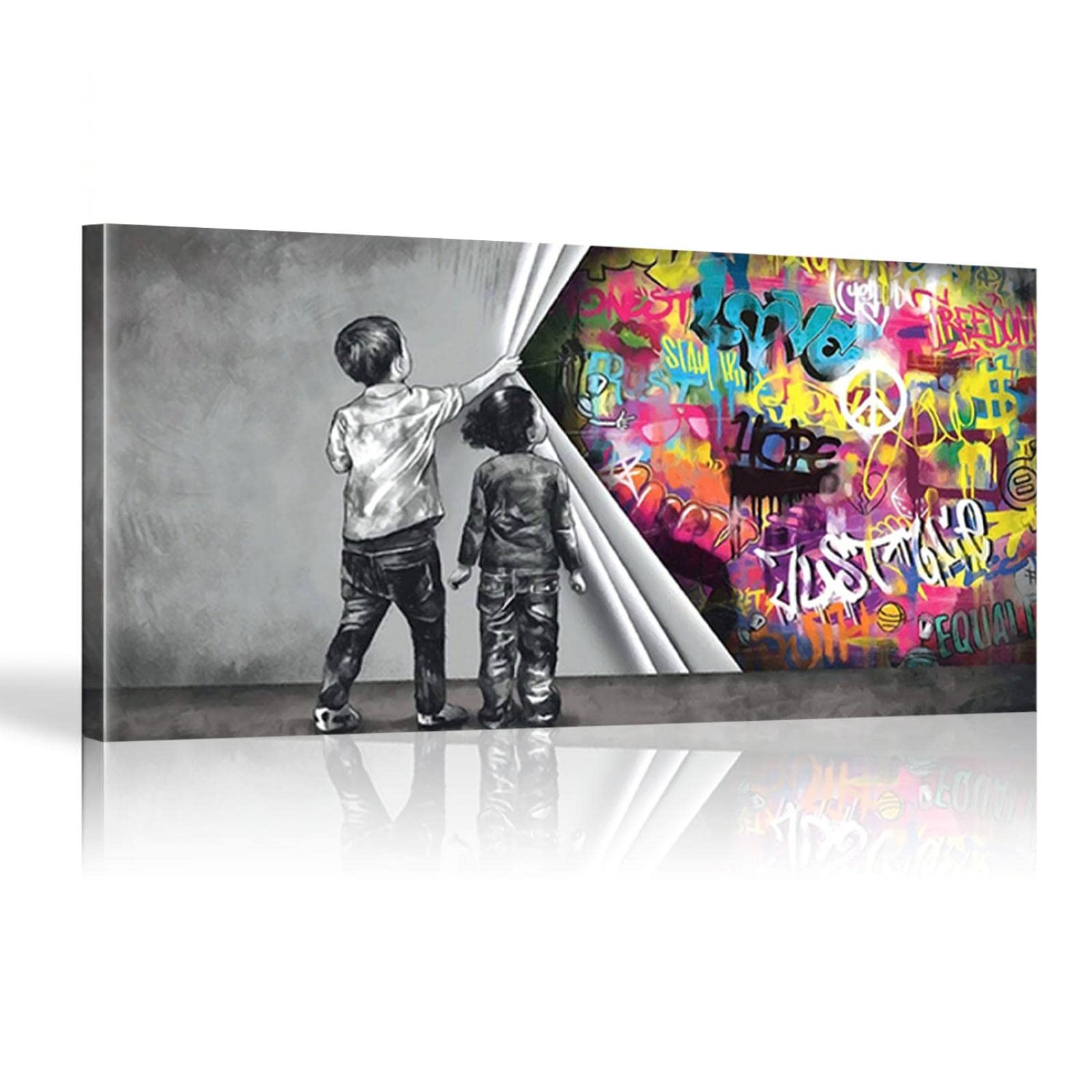 HOLEILUCK Banksy Graffiti-Kind Ungedeckte Gerechtigkeit, übergroßer Wand-Kunstdruck, Junge hinter dem Vorhang, Bilddekoration, 33,86 x 74,80 Zoll (86 x 190 cm), mit Rahmen