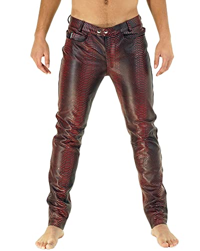 Bockle® Flash Leather Pants Tube Röhre Skinny Slim Fit Herren Rot Lederhose Herren, Size: 34W / 36L