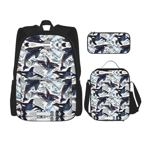 WURTON Schulrucksack mit Killerwal-Aufdruck, 3-in-1 Büchertasche-Set mit Lunchbox, Federmäppchen, Reise, Laptop, Tagesrucksack