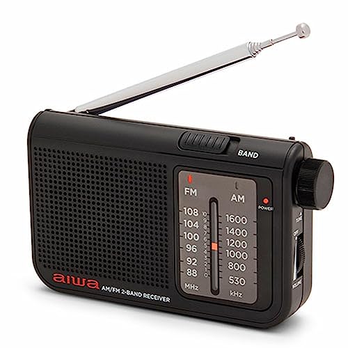 Aiwa RS-55/BK Pocket AM/FM Radio mit High Definition Aufdio, Heasphone Eingang, inklusive Metall-Stereo-Kopfhörern schwarz