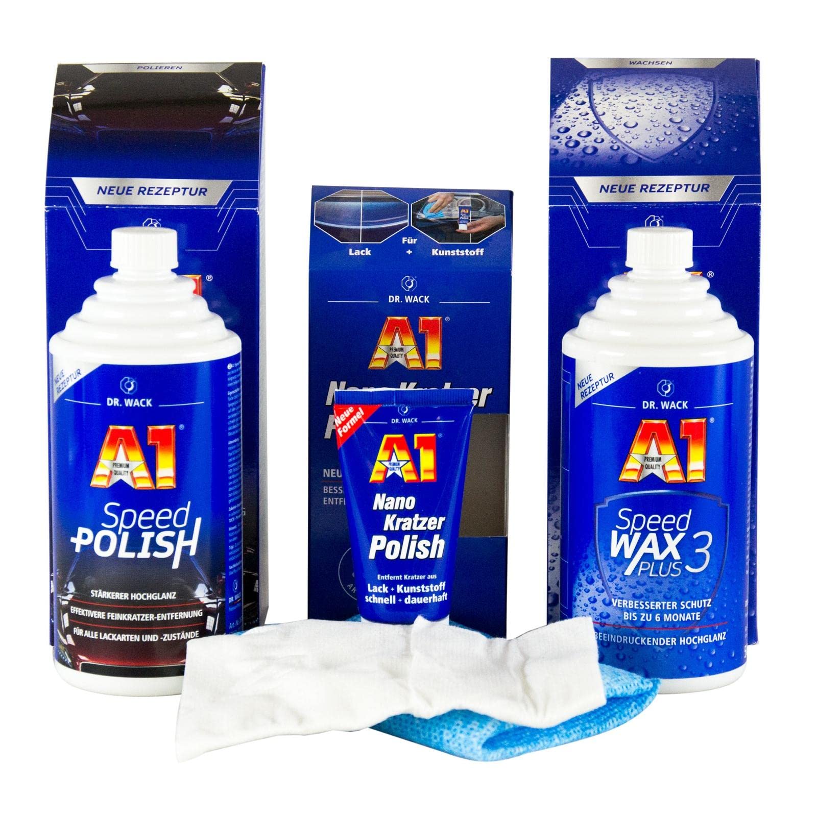 A1 DR. WACK Speed Polish 250 ml & Speed Wax Plus 3 250 ml & Nano Kratzer Polish