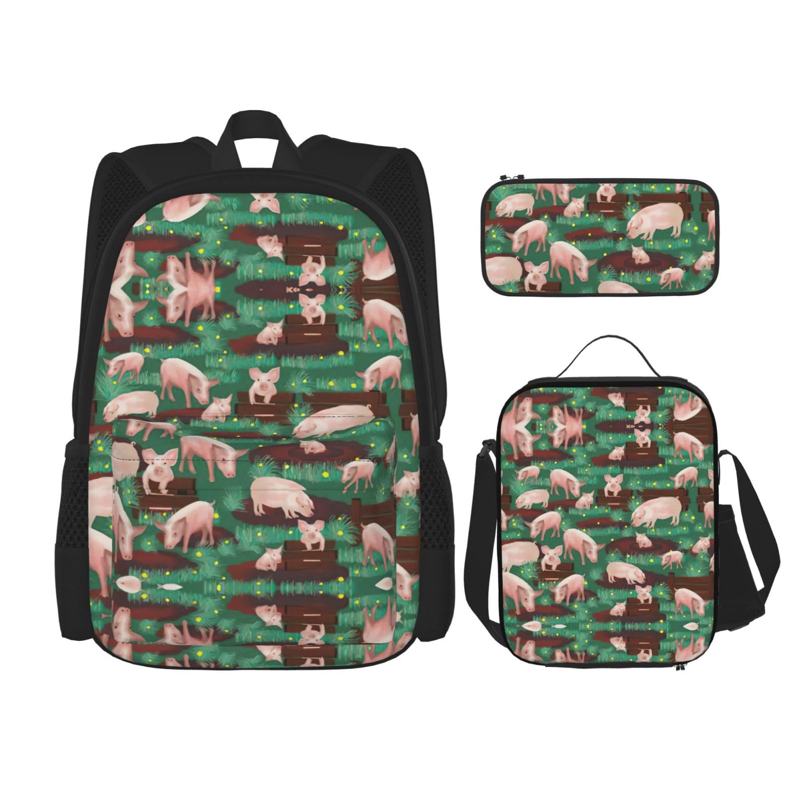 WURTON Rucksack mit Schweinemotiv auf Bauernhof, für Mädchen und Jungen, Schultaschen, Teenager, Lunchbox und Federmäppchen, 3-in-1-Büchertaschen-Set