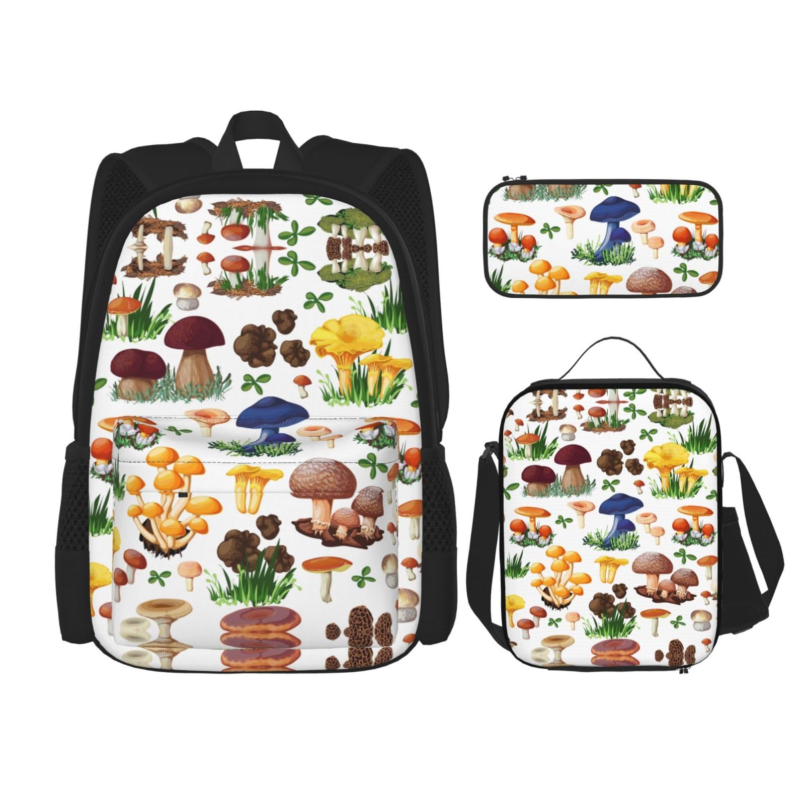 WURTON Japanische Malerei Pilz Druck 3-in-1 Büchertaschen-Sets Verstellbarer Schulter-Rucksack Lunch-Tasche Federmäppchen Beutel Box, Schwarz, Einheitsgröße