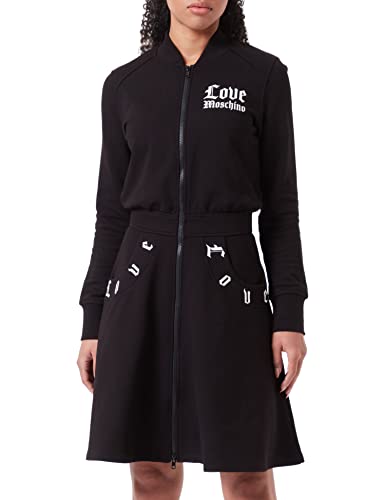 Love Moschino Women's Long-Sleeved Open The Front by Double Slider Zippe with Love on Pockets and Gothic Logo Print Dress, Black, 42