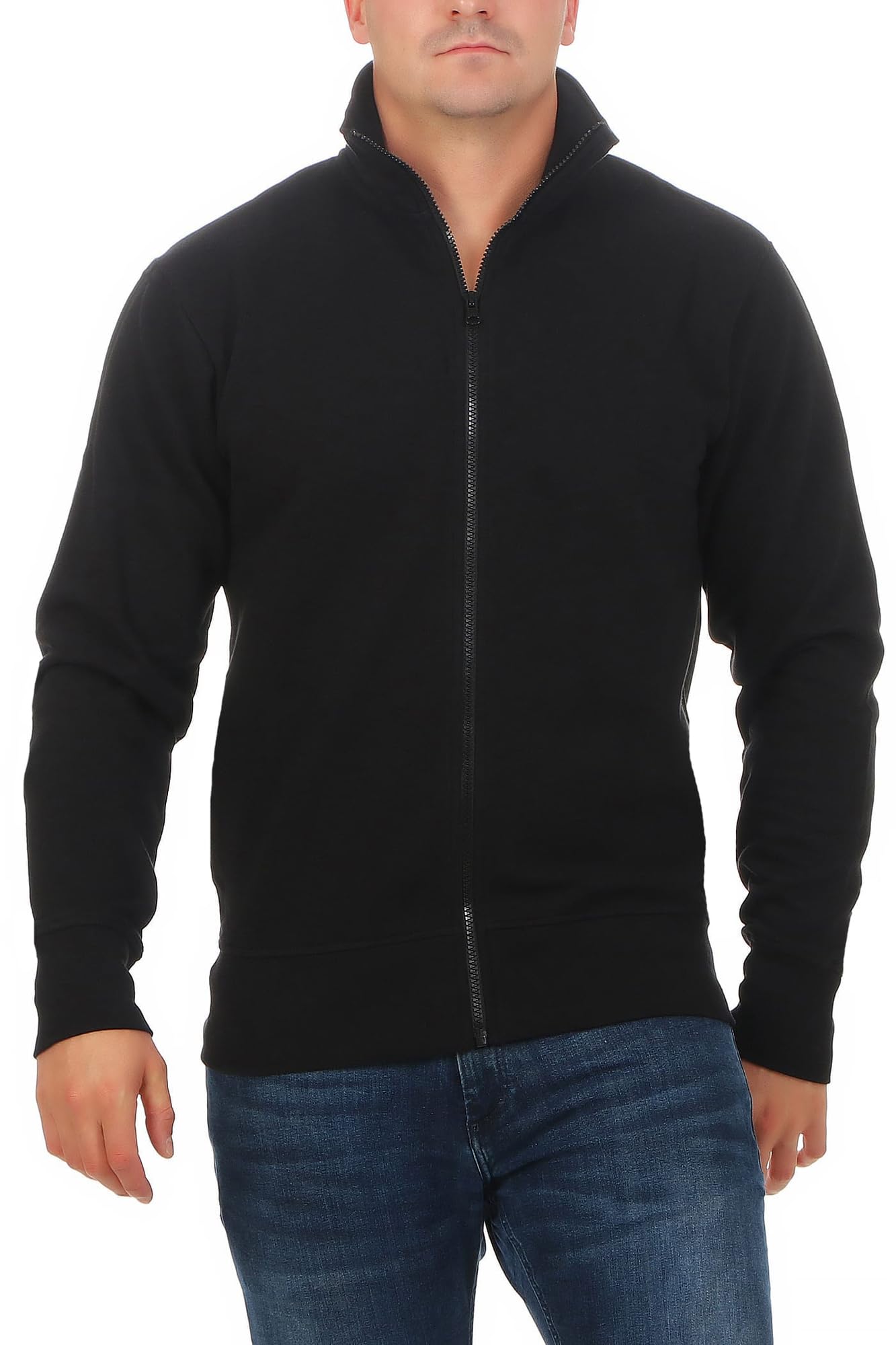 Happy Clothing Herren Sweatjacke ohne Kapuze Zip-Jacke Reißverschluss mit Kragen, Größe:M, Farbe:Schwarz