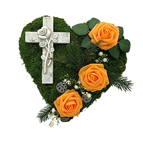 Grabgesteck Grabschmuck Grabaufleger Moosherz Grabherz Kreuz oder Engel Trauerherz Grab Herz Gesteck Rosen (30cm-3Rosen-orange-Kreuz)