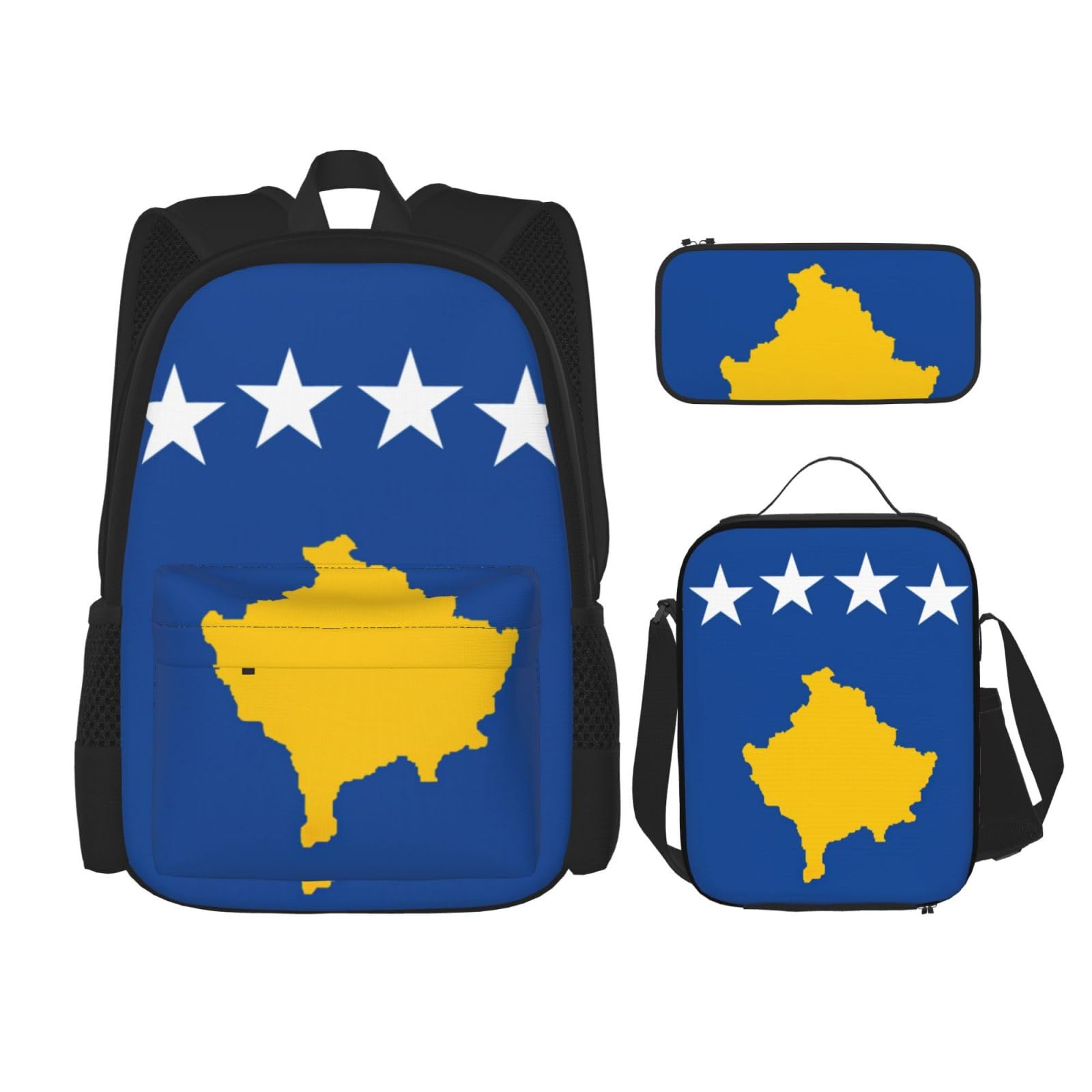 WURTON 3-in-1-Set mit Flaggen-Motiv des Kosovo, lässig, verstellbar, Schulter-Rucksack, Lunch-Tasche, Federmäppchen, Beutelbox, Schwarz, Einheitsgröße