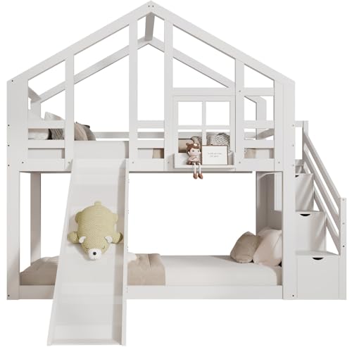 Qiang Baumhaus Kinderbett 90 x 200 mit 3 Treppe & Schubladen,Hochbett für 2 Kinder mit Rausfallschutz,Etagenbett,Massivholz Funktionsbett,Jugendbett,Hausbett,Stockbett,Keine Matratze