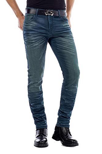 Cipo Baxx Herren Jeans Hose 5 Pocket Design Straight Vintage Denim Slim Fit Hose Grün W36 L34