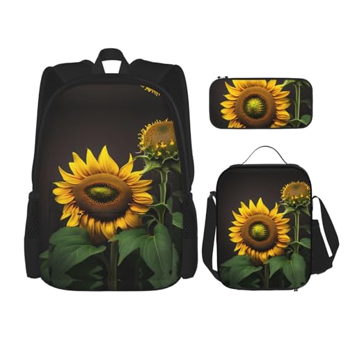 WURTON Sunflowers In The Weeds Print Lunch Box Pencil Case Backpack Set 3 Pieces Adjustable Straps Durable Lightweight, Schwarz, One Size