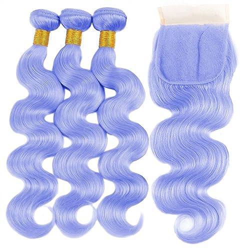 Human Hair Bundles Hellviolett-blau gefärbte, gewellte Echthaar-Webart, 3 Bundles mit Frontal-Körperwelle, Echthaar-Bündel mit Verschluss, 3/4-Remy-Haar, brasilianische Haarwebart-Bündel human hair we