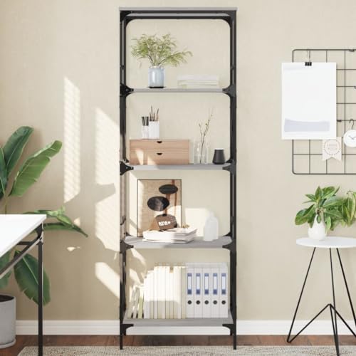 KLYEON Bücherregal 5 Böden Grau Sonoma 59x35x171 cm Holzwerkstoff,Organizer für Bücher mit industriellem Metallrahmen und verstellbaren Beinen für ein stilvolles Zuhause Regalsysteme