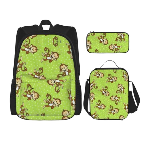 WURTON Grüner Schulterrucksack, 3-in-1-Büchertaschen-Set, Lunchbox, Federmäppchen, Reise-Laptop-Tagesrucksäcke, Grün, Schwarz, Einheitsgröße