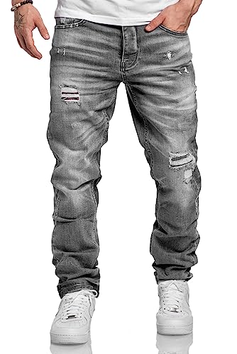 Amaci&Sons Herren Jeans Regular Straight Fit Denim Hose Destroyed 7984 Grau (Patches) W30/L32