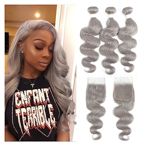 Human Hair Bundles Körperwellen-Bündel mit Verschluss, silbergraue Farbe, 3 Bundles mit Verschluss, graues brasilianisches Remy-Haar, 100% Echthaar-Bündel human hair weave(Size:14 14 14+12Closure)