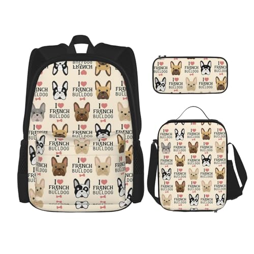 WURTON Schulrucksack-Set mit Aufschrift "I Love French Bulldogge", 3-in-1, Büchertaschen-Set mit Lunchbox, Federmäppchen, Reise-Laptop-Tagesrucksäcke