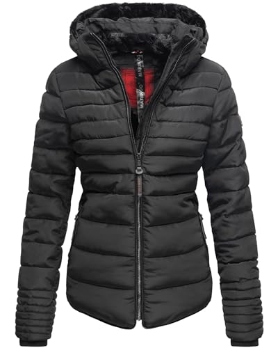 MARIKOO Damen Winter Jacke Steppjacke Stehkragen Teddyfell warm gefüttert B354 [B354-Amber-Schwarz-Gr.L]