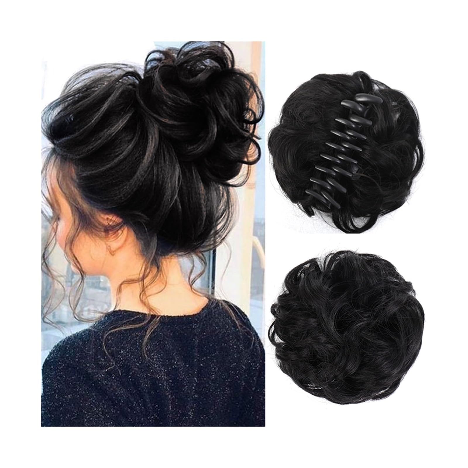 Haarteil Synthetischer Haarknoten, Clip-in-Chignon-Haarteil, lockiges, unordentliches Haar, Pferdeschwanz-Haarverlängerungen, Scrunchie-Haarteile for Frauen Haarverlängerung(1B)