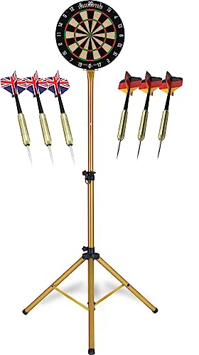 Stagecaptain DBS-1715C GD Bullseye Champion Dartscheibe Komplett Set Gold - Profi Steeldartscheibe aus Sisal - Stufenlos höhenverstellbarer Ständer aus Stahl - 6 Dartpfeile und 4 Sets Flights