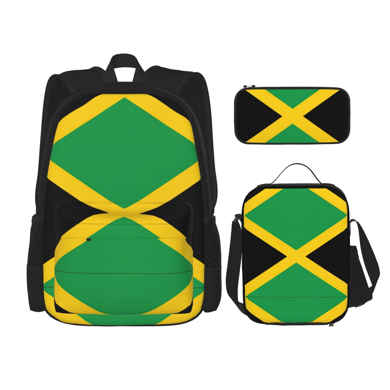 WURTON Rucksack-Set, Motiv: Flagge von Jamaika, verstellbare Schultergurte, Lunch-Tasche, Federmäppchen, Kombinationstaschen-Set