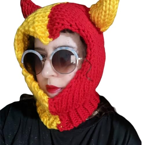 MEELYHOME Gruselige Strickmütze, Halloween, Halswärmer, Horn, Sturmhaube, Cosplay, Horn, Partyhüte, Vollgesichtsbedeckung