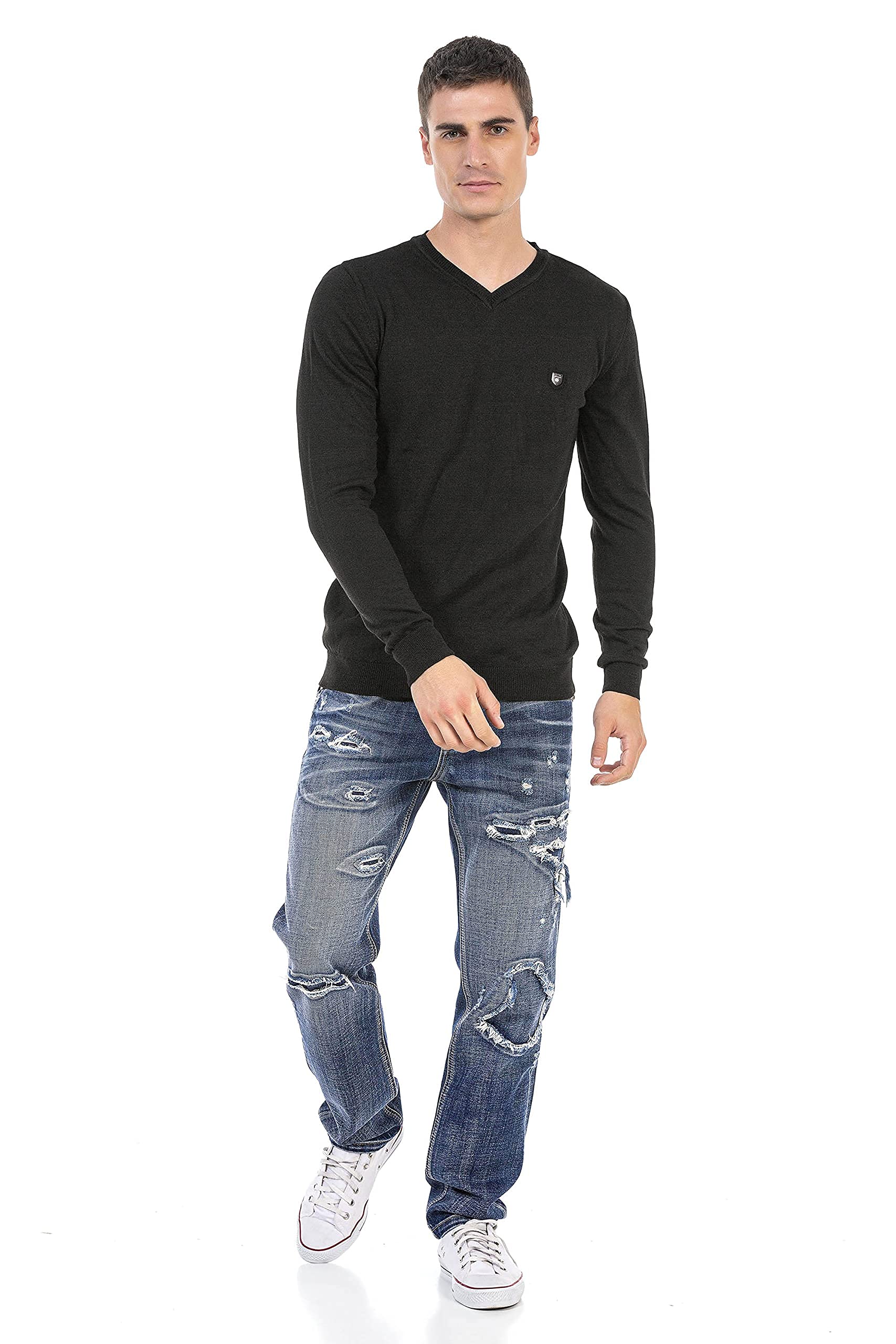 Cipo & Baxx Herren Feinstrickpullover Strick Sweater V-Ausschnitt Pullover CP242 Schwarz M