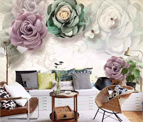 Vintage Dimensional Lila Blume Grüne Blume 3D Tapete Poster Restaurant Schlafzimmer Wohnzimmer Sofa TV Dekorative Wand-250cm×170cm