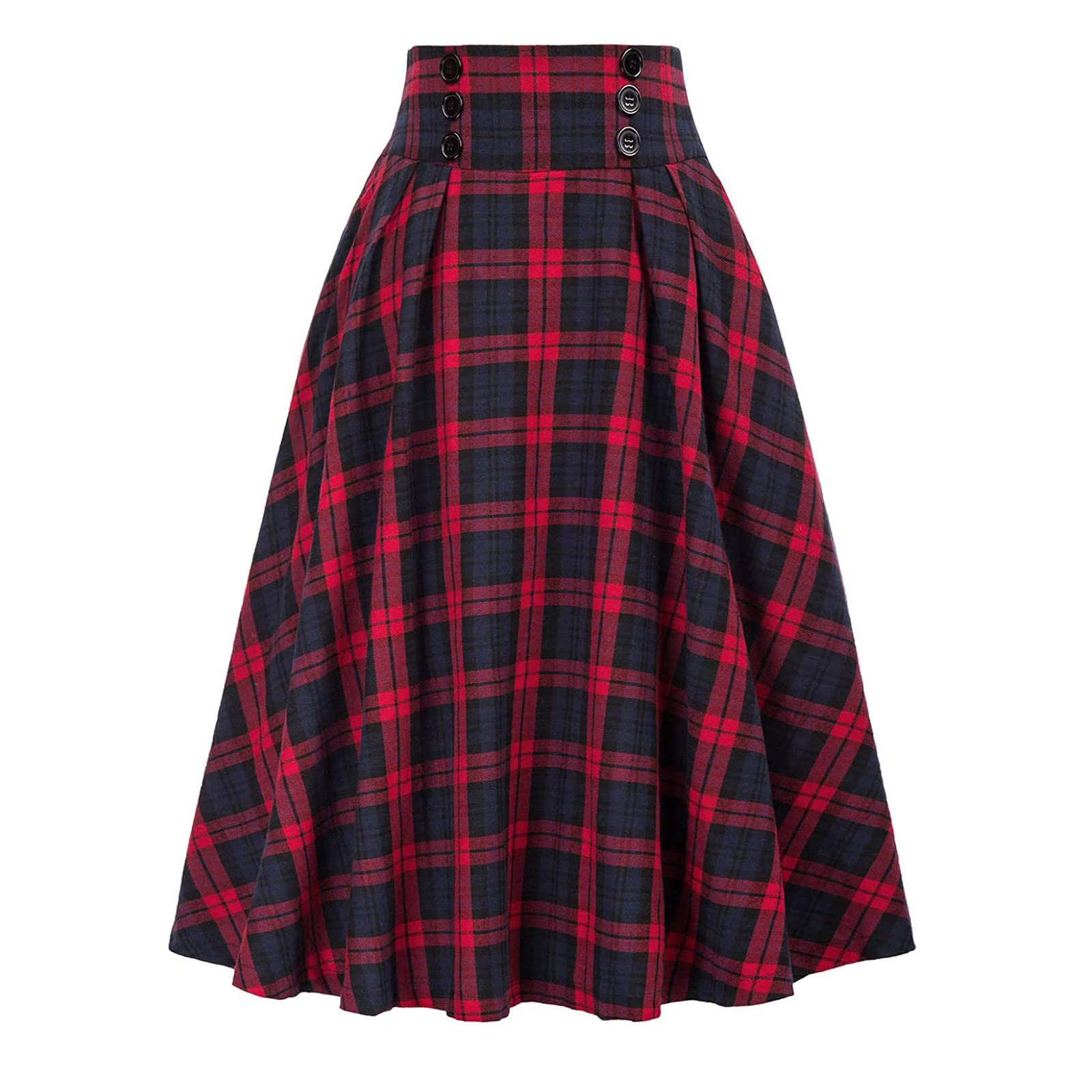 WINDEHAO Herbst Winter Damen Hohe Taille Rock, Vintage Elegant Plaid Wollrock A-Linie Plissee Elastische Taille Langer Rock, M, Rot