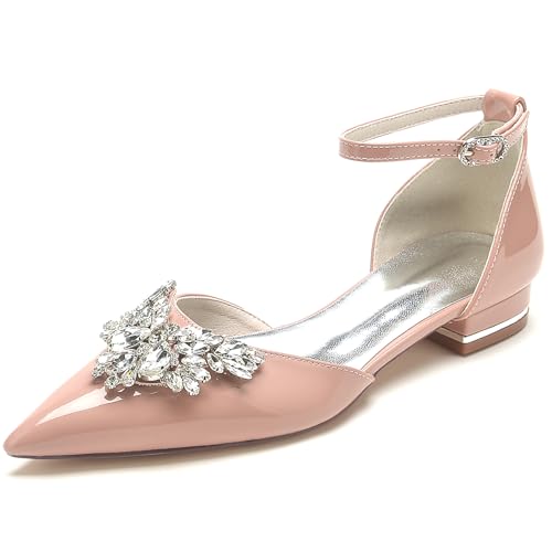 RUIZE Rosa,39,Ballerinas mit geschlossener Spitze für Damen, 2,5 cm, glitzernde Strasssteine, Lackleder, Knöchelriemen, niedriger Absatz, Brautschuhe