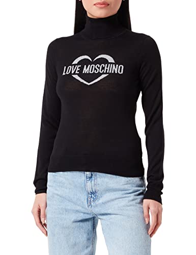 Love Moschino Women's Slim fit Turtleneck with Heart Jacquard Intarsia Pullover Sweater, Black, 40