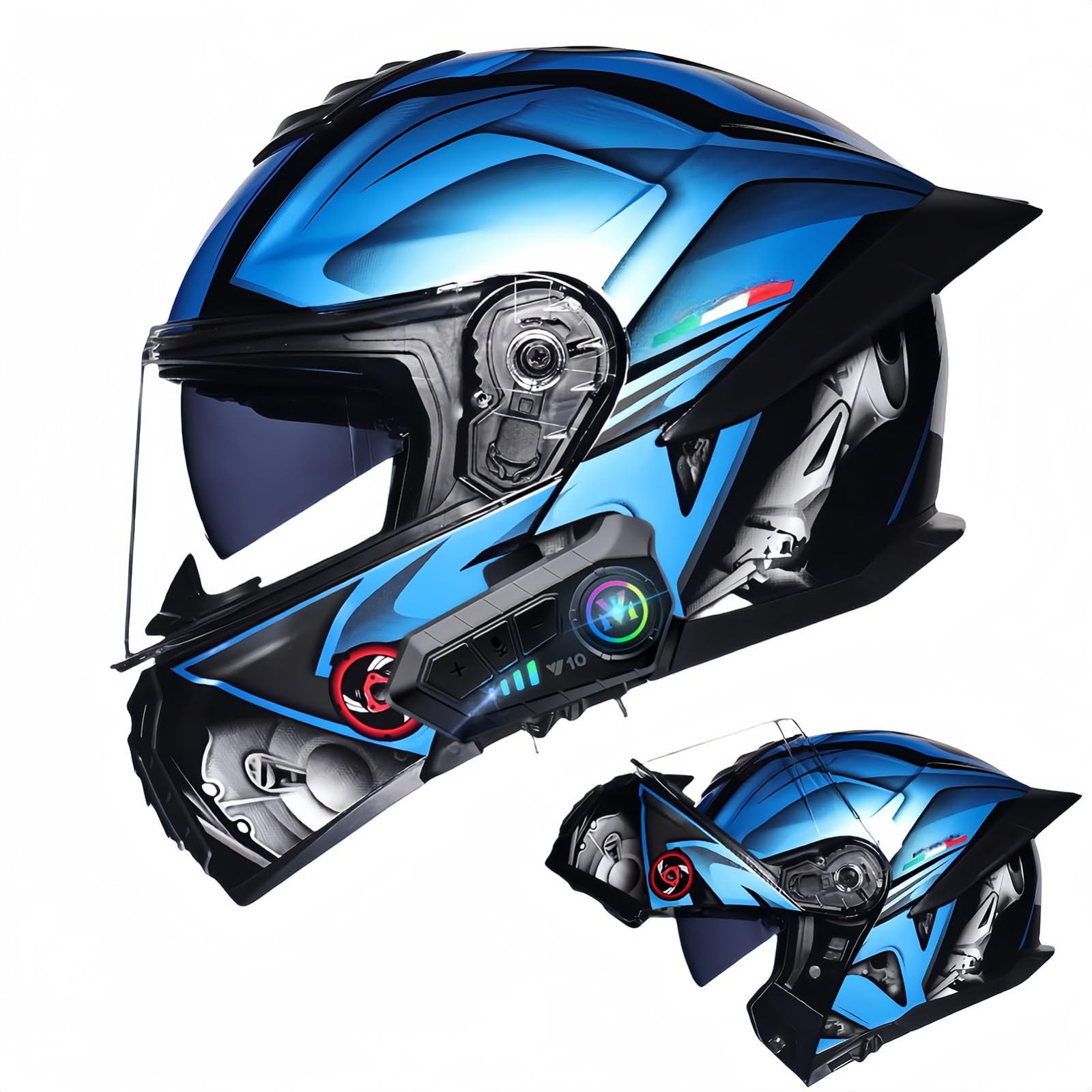 Bluetooth-Modularer Motorradhelm, ECE-Geprüfter Hochklappbarer Integralhelm, Straßenrad-Rennhelm, Mit Doppelvisier, Für Erwachsene, Männer, Frauen A,XL61-62CM