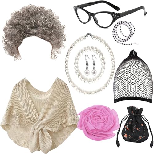 Ranuw Alte Dame Kostüm Set Graue Perücken Künstliche Ohrringe Brille Frauen Alte Dame Rollenspiel Dress Up Zubehör Cosplay Kostüm Anzug