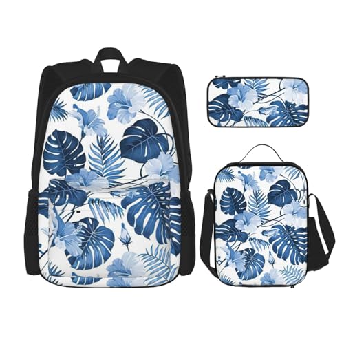 WURTON Schulrucksack-Set mit blauem Blumendruck, 3-in-1, mit Lunchbox, Federmäppchen, Reise, Laptop, Tagesrucksack