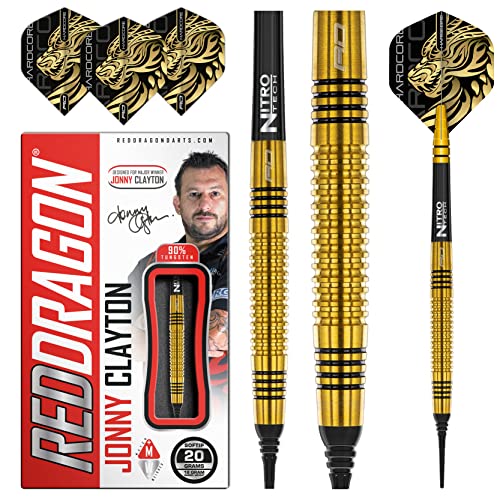 RED DRAGON Jonny Clayton Gold 18 Gram Softip Professional Tungsten Dartpfeile Set mit Flights and Schäfte (Stems)